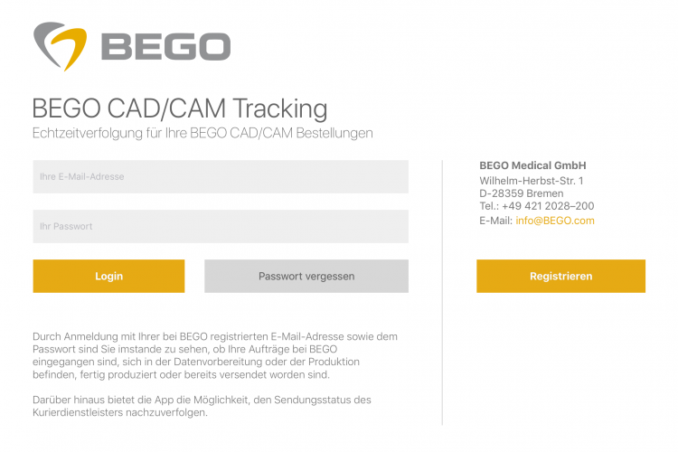 Für alle BEGO-Medical Kunden, einfach downloaden, anmelden & Aufträge verfolgen
